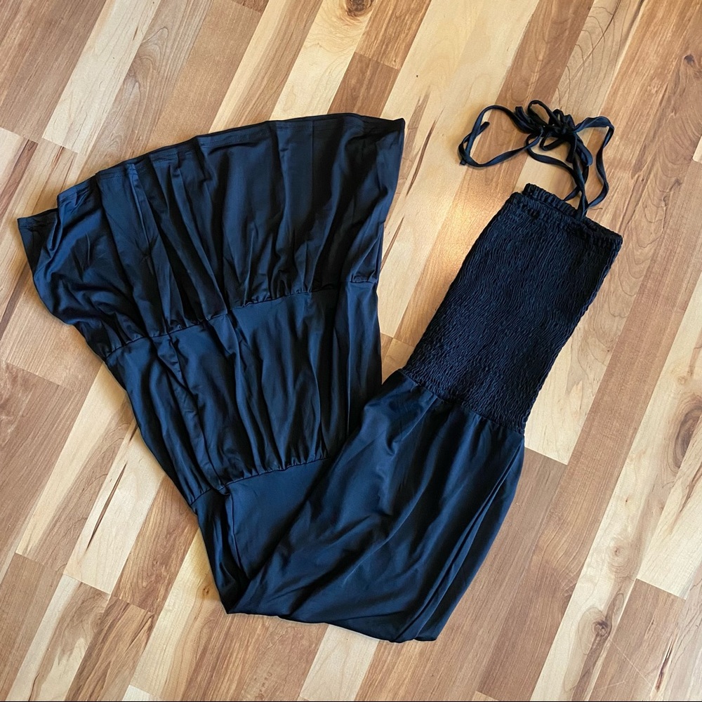 Black Tiered Ruffle Wide Leg Shoulder-Tie Smock Jumpsuit